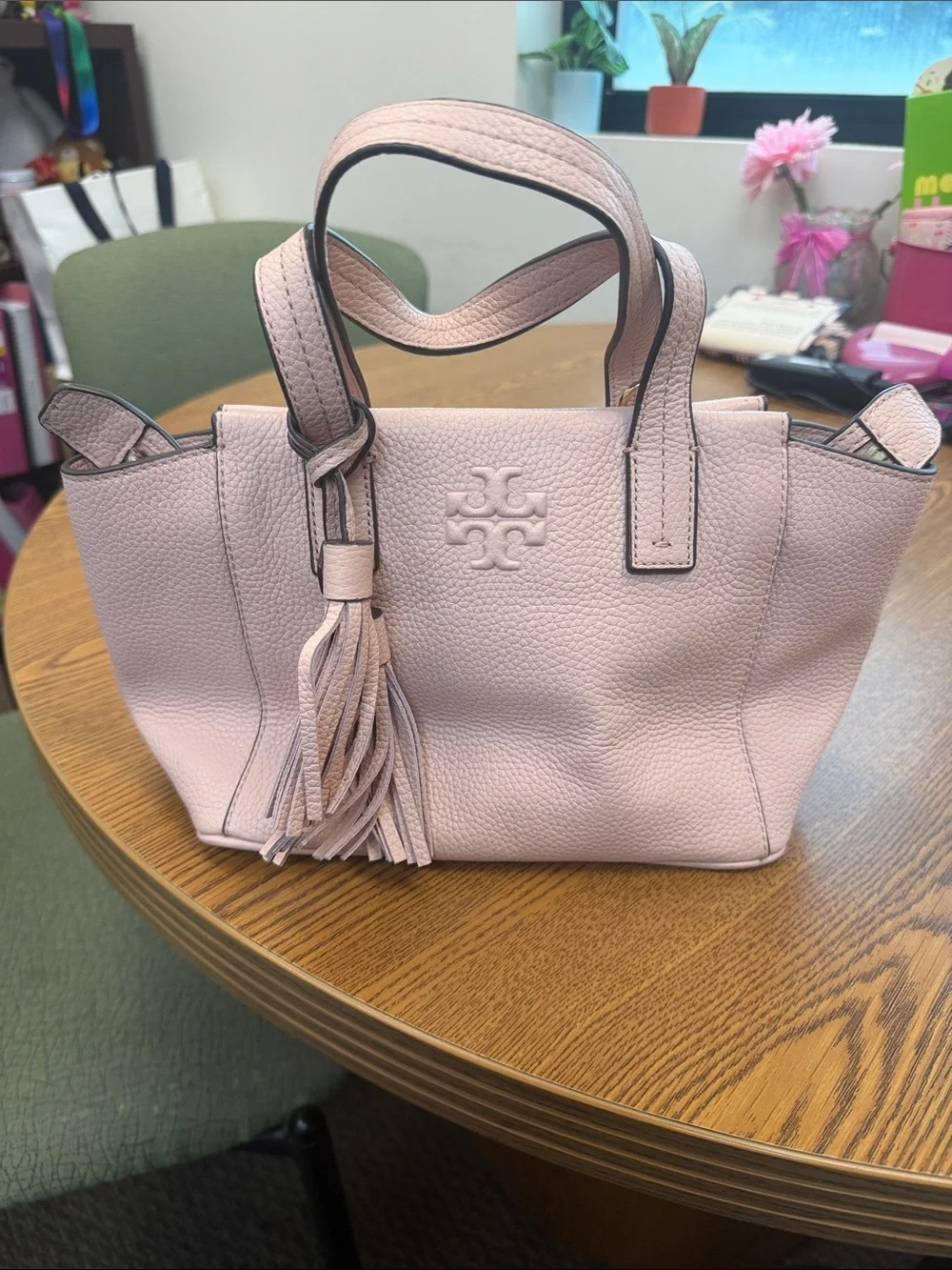 Tory Burch Blush Pink Pebbled Leather Tote with Tassel
